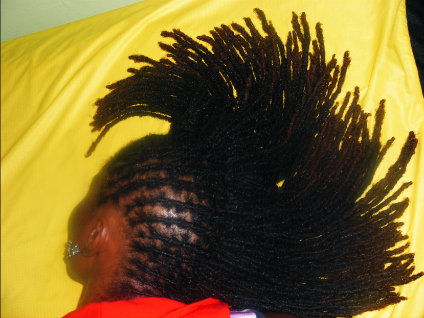 Dramatic loc fan display showing length and health of locs — starter locs Brooklyn result